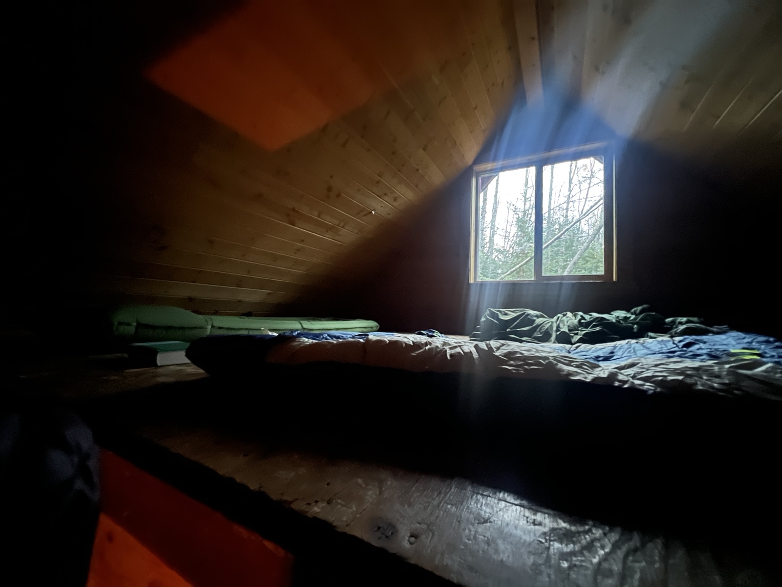 Loft floor and window beneath a sloping wooden roof