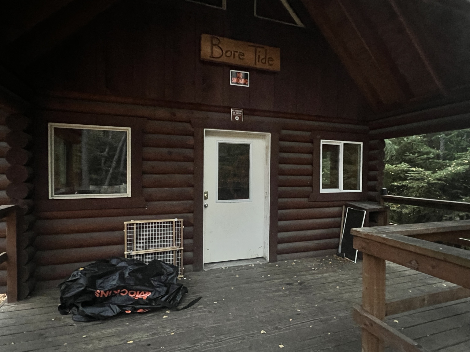 Bore Tide Cabin porch with a portable pet gate leaning against the wall