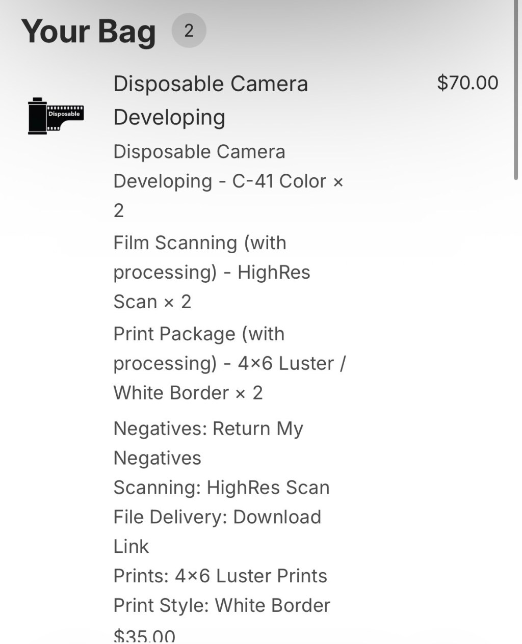 Old School Photo Lab cart for two disposable cameras with HighRes scans and 4x6 prints, total $70.00