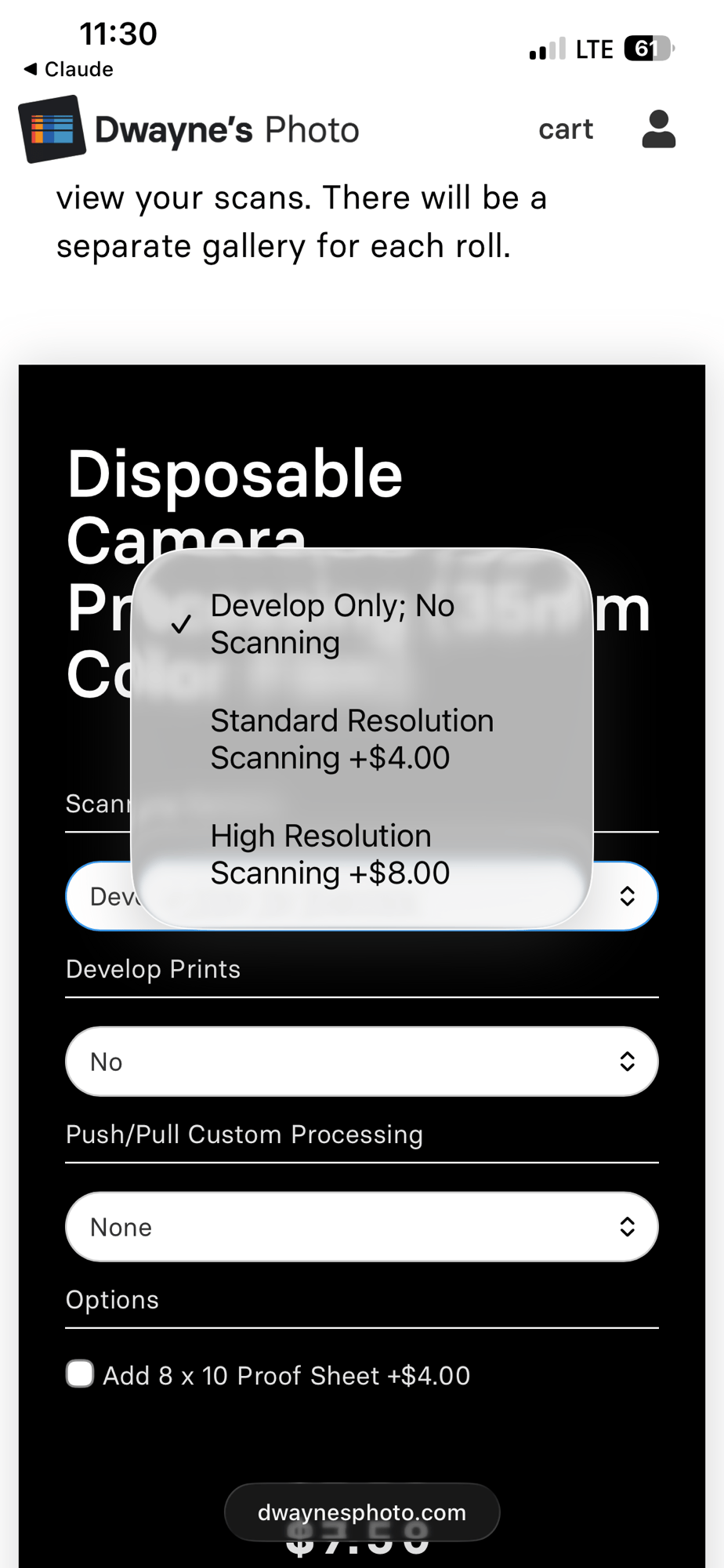 Dwayne’s Photo disposable camera order page showing scanning options: Develop Only, Standard Resolution Scanning +$4.00, High Resolution Scanning +$8.00