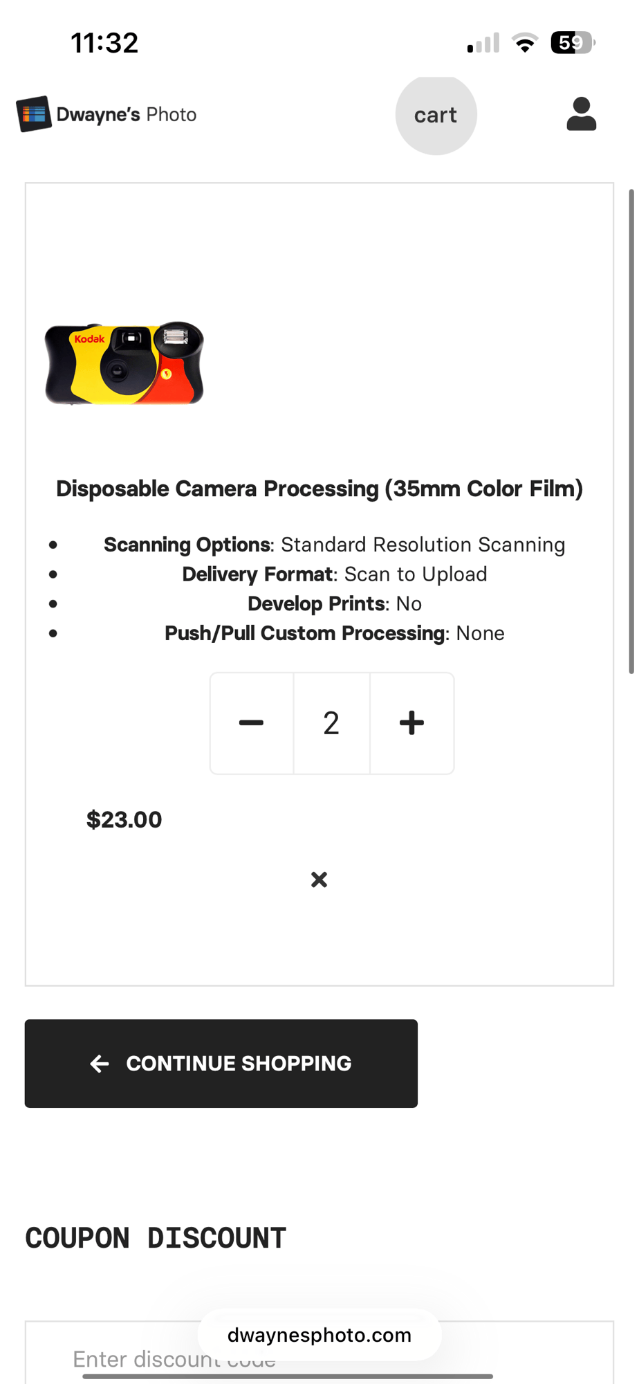 Dwayne’s Photo cart: Disposable Camera Processing (35mm Color Film) x 2 with Standard Resolution Scanning, Scan to Upload, no prints, $23.00